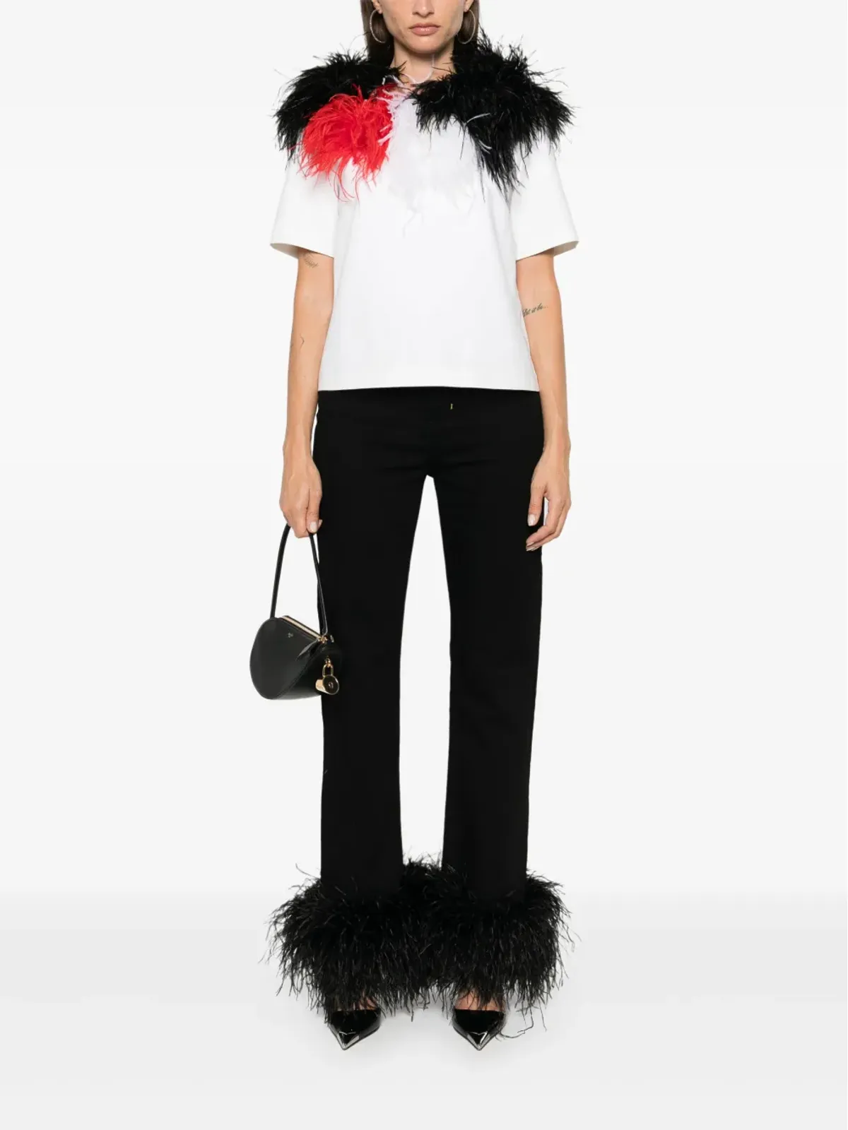 Loulou feather-detail T-shirt - White - 画像2