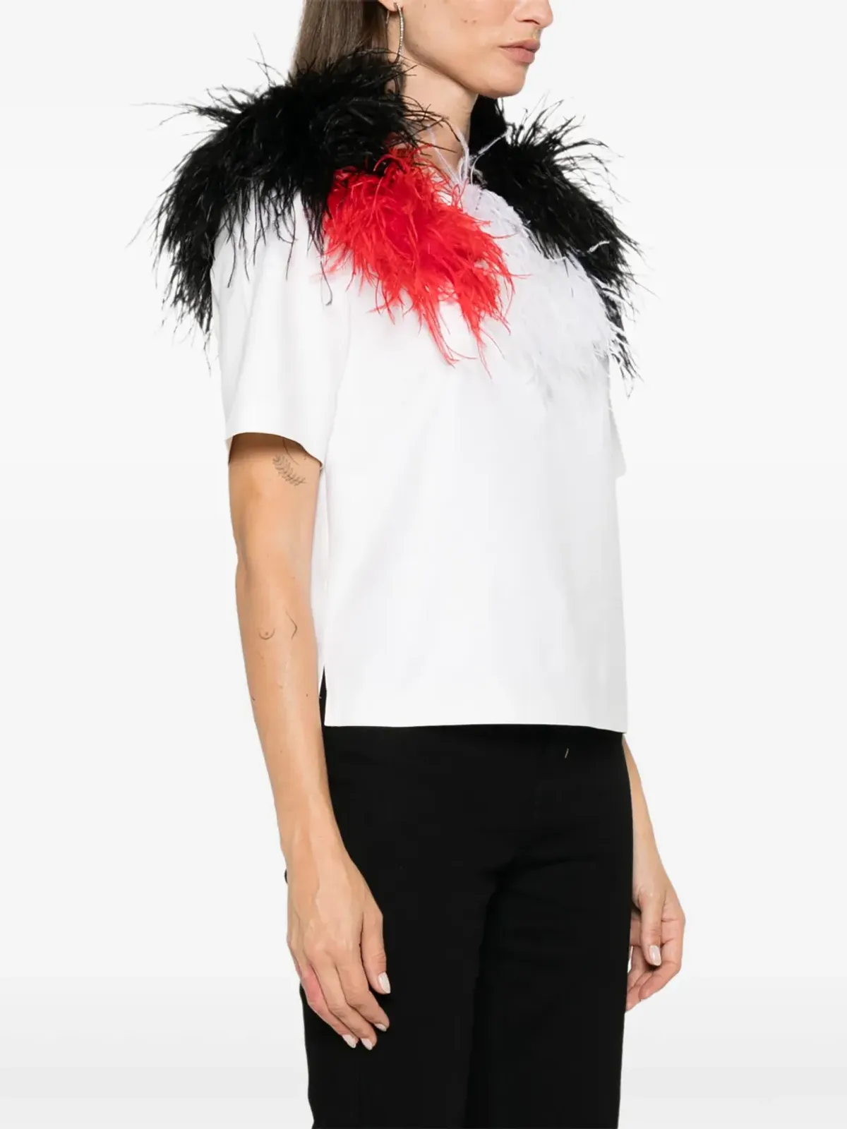 Loulou feather-detail T-shirt - White - 画像3