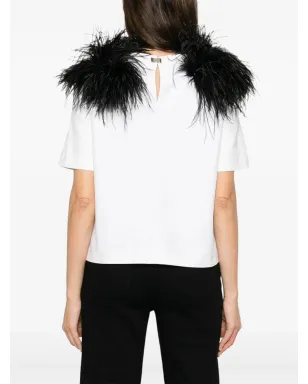 Loulou feather-detail T-shirt - White - サムネイル4
