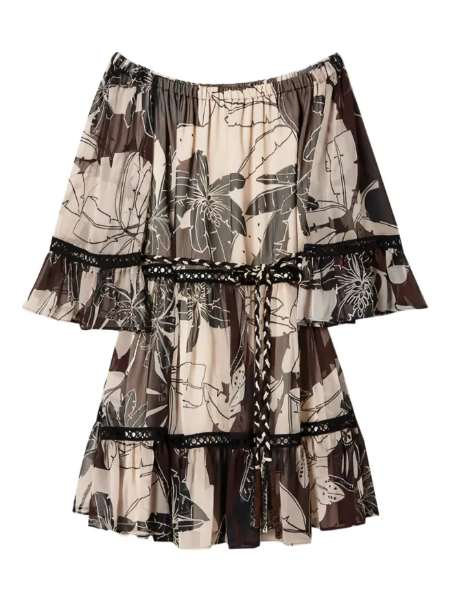 TWINSET TWINSET オフショルダー花柄プリントミニドレス - ブラウンの商品画像