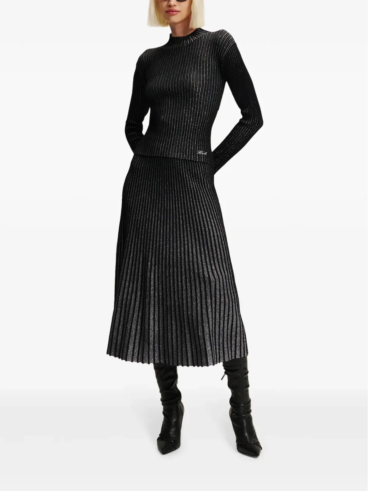 Karl Lagerfeld モックネック ラメ糸入り Tシャツ ブラック - 画像2