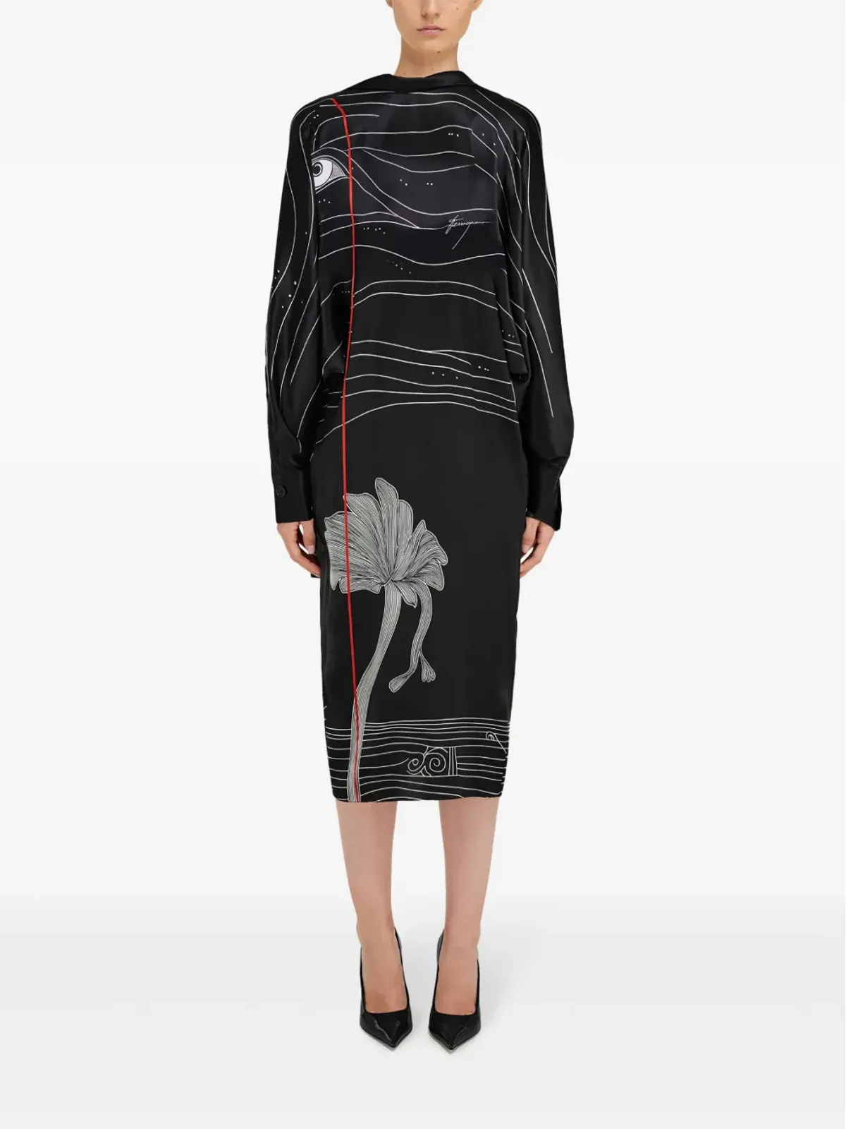 Ferragamo Spiritプリント サテンドレス ブラック - 画像2