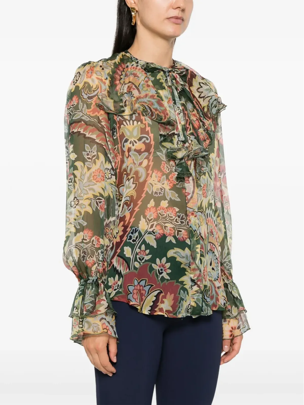 ETRO フリルディテールのクレポンシャツ - グリーン - 画像3