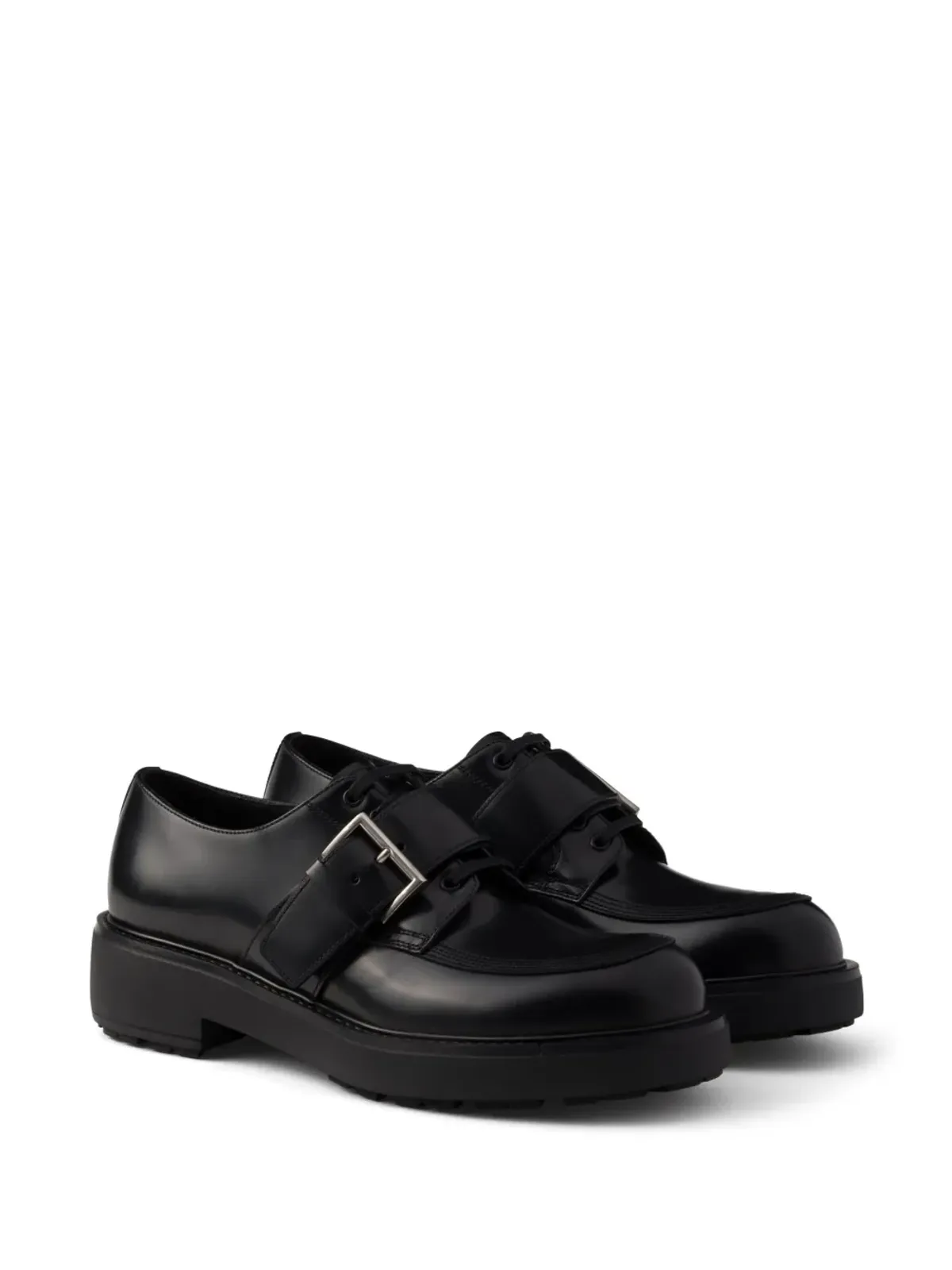 Prada ブラッシュドレザー バックル付きダービーシューズ ブラック - 画像2