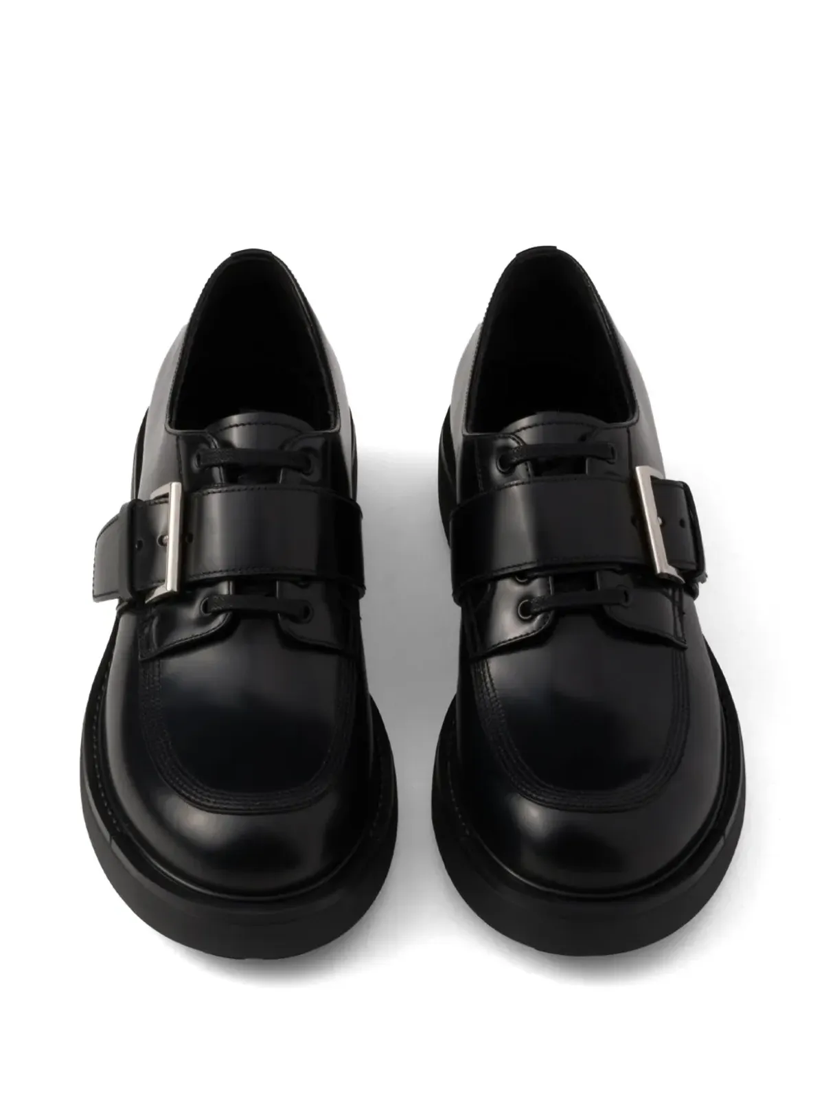 Prada ブラッシュドレザー バックル付きダービーシューズ ブラック - 画像4