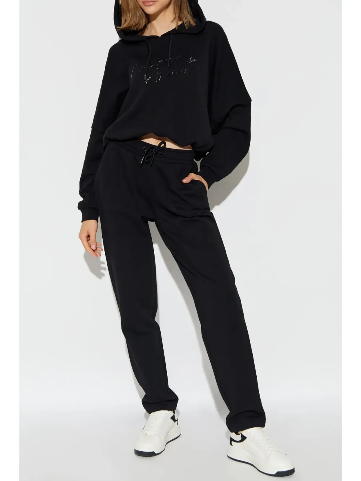 Emporio Armani ロゴプリント コットン フーディー - ブラック - 画像2