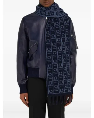 Ferragamo モノグラム フリンジ スカーフ - ネイビーブルー/オックスフォードブルー - サムネイル5