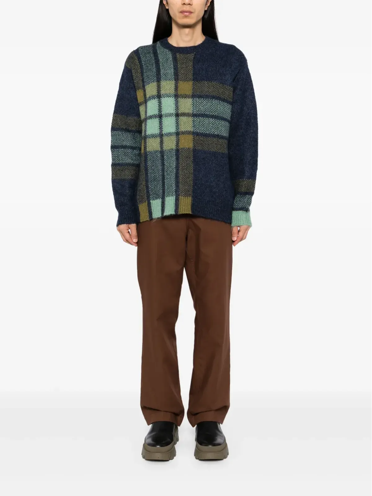 Maison Kitsuné グラフィックチェックのインターシャ ニットセーター ブルー - 画像2