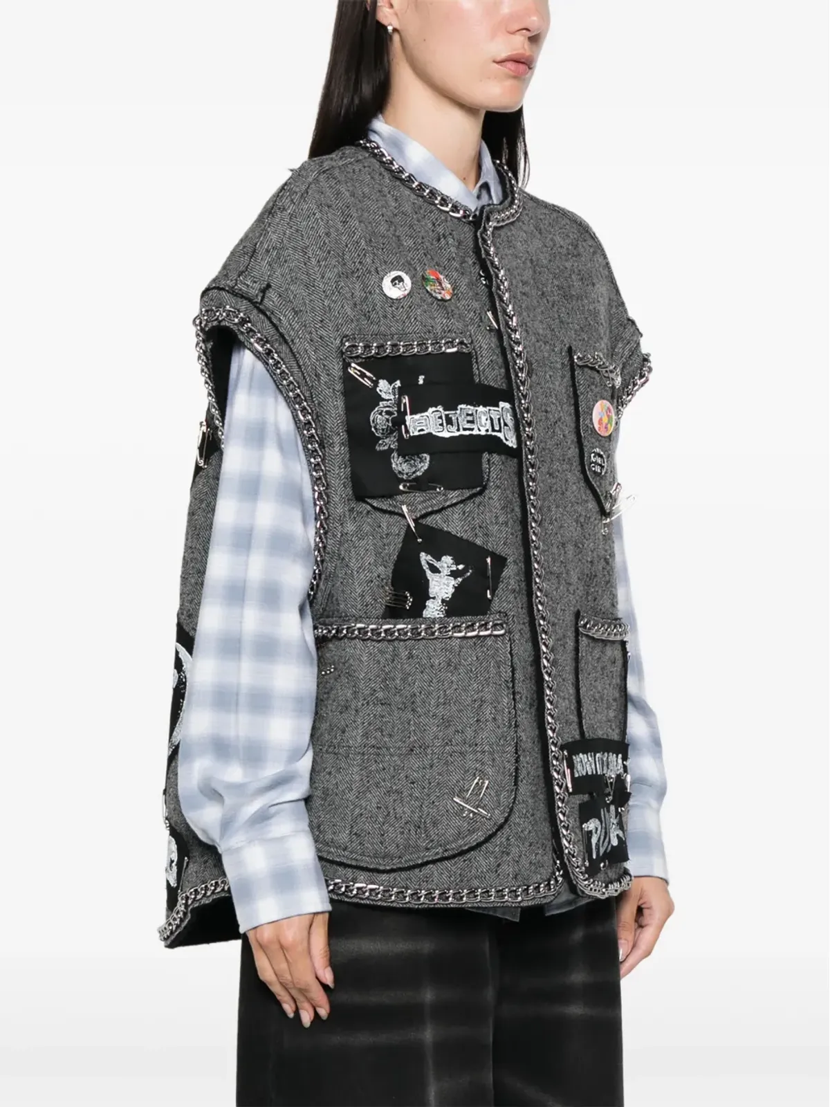 R13 ヘリンボーン柄ノースリーブジレ グレー - 画像3