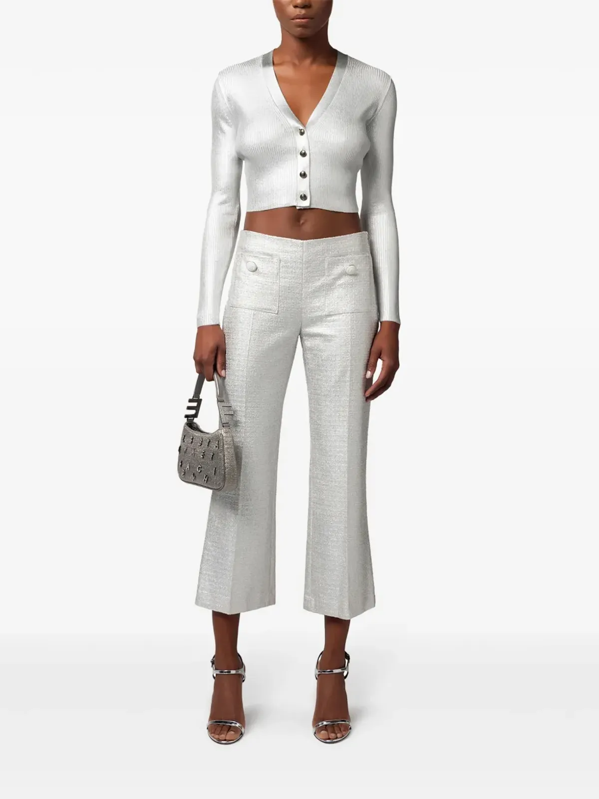 Elisabetta Franchi ラミネート加工クロップドカーディガン グレー - 画像2