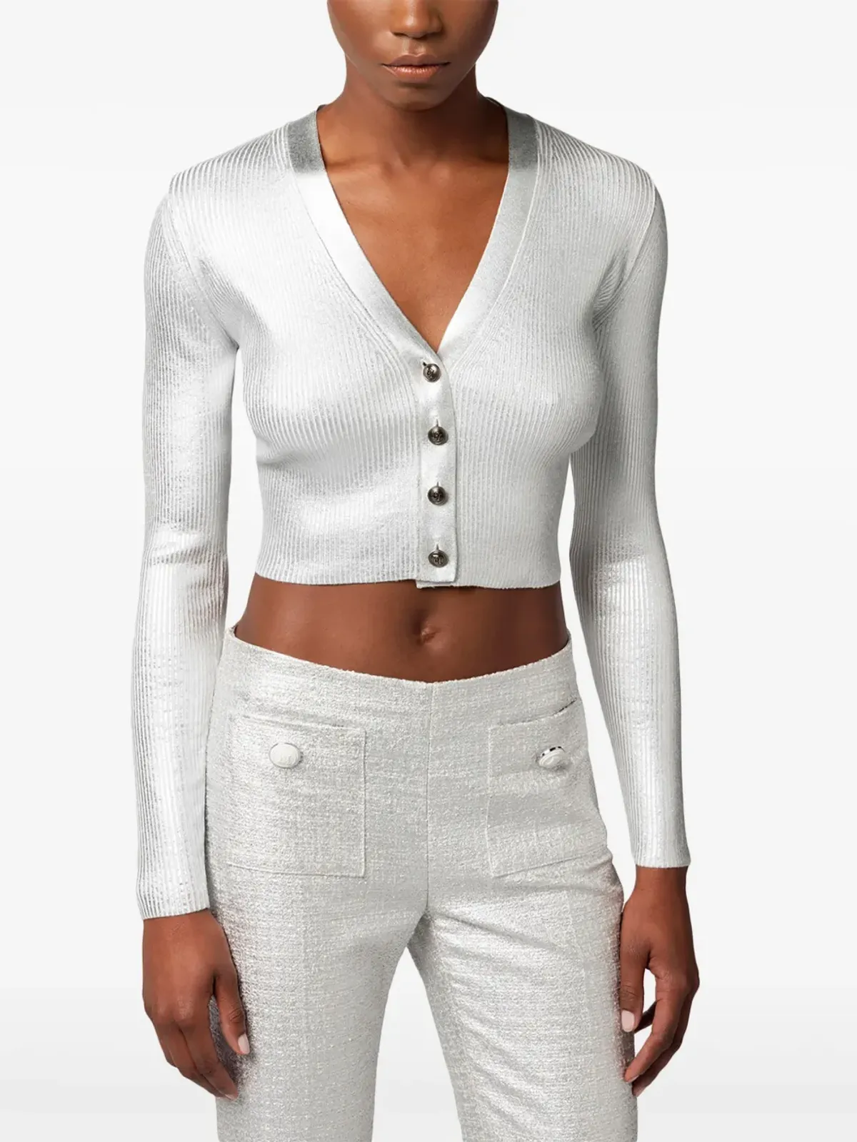 Elisabetta Franchi ラミネート加工クロップドカーディガン グレー - 画像4