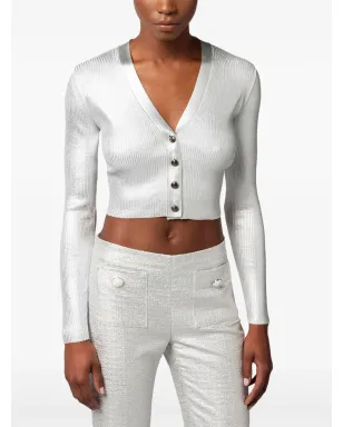 Elisabetta Franchi ラミネート加工クロップドカーディガン グレー - サムネイル4