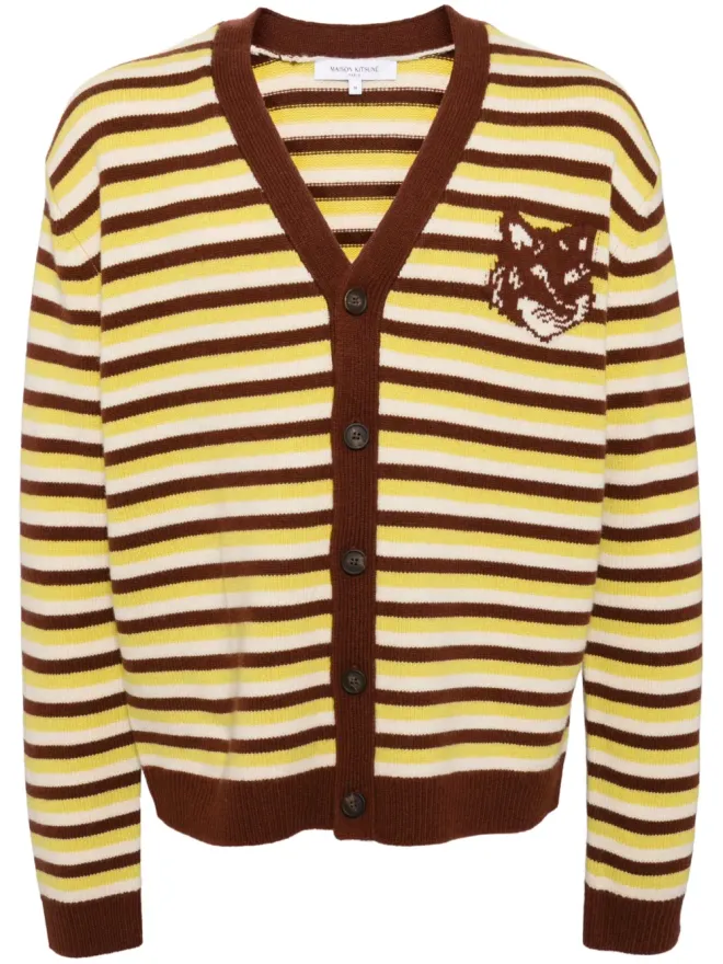 Maison Kitsuné Maison Kitsuné フォックスヘッド インターシャ ストライプ カーディガン - グリーンの商品画像