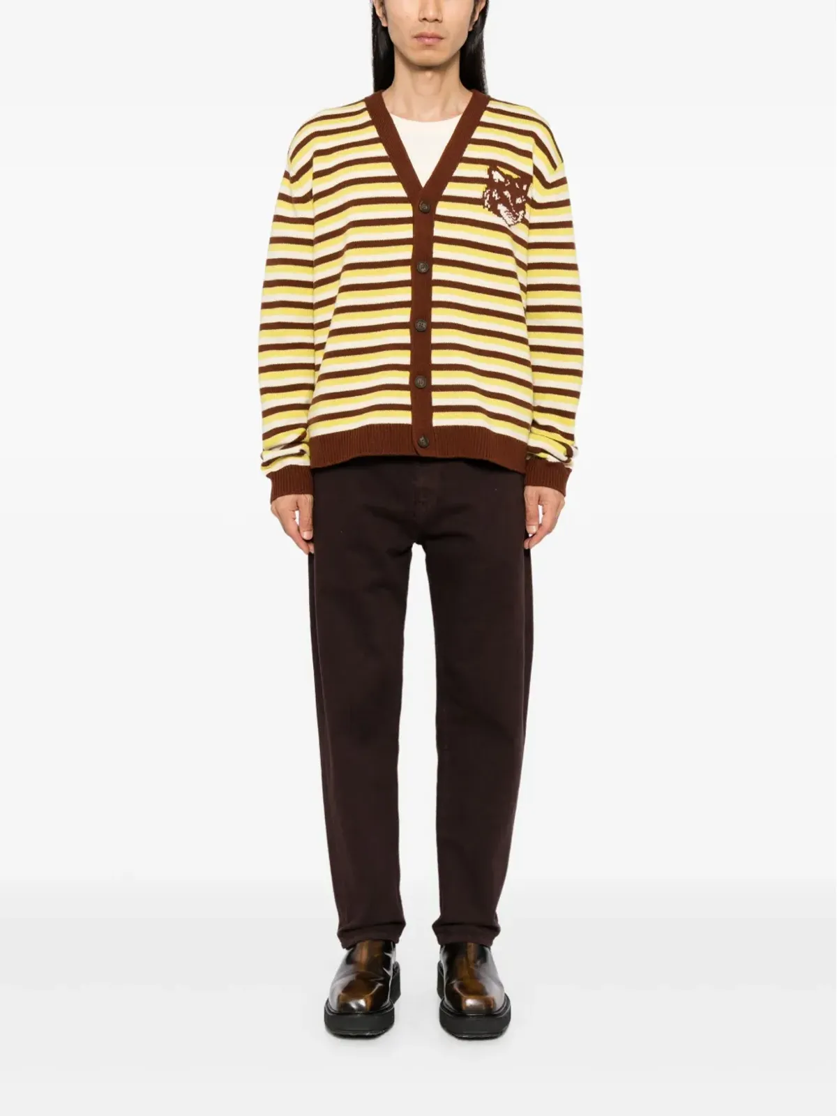 Maison Kitsuné フォックスヘッド インターシャ ストライプ カーディガン - グリーン - 画像2