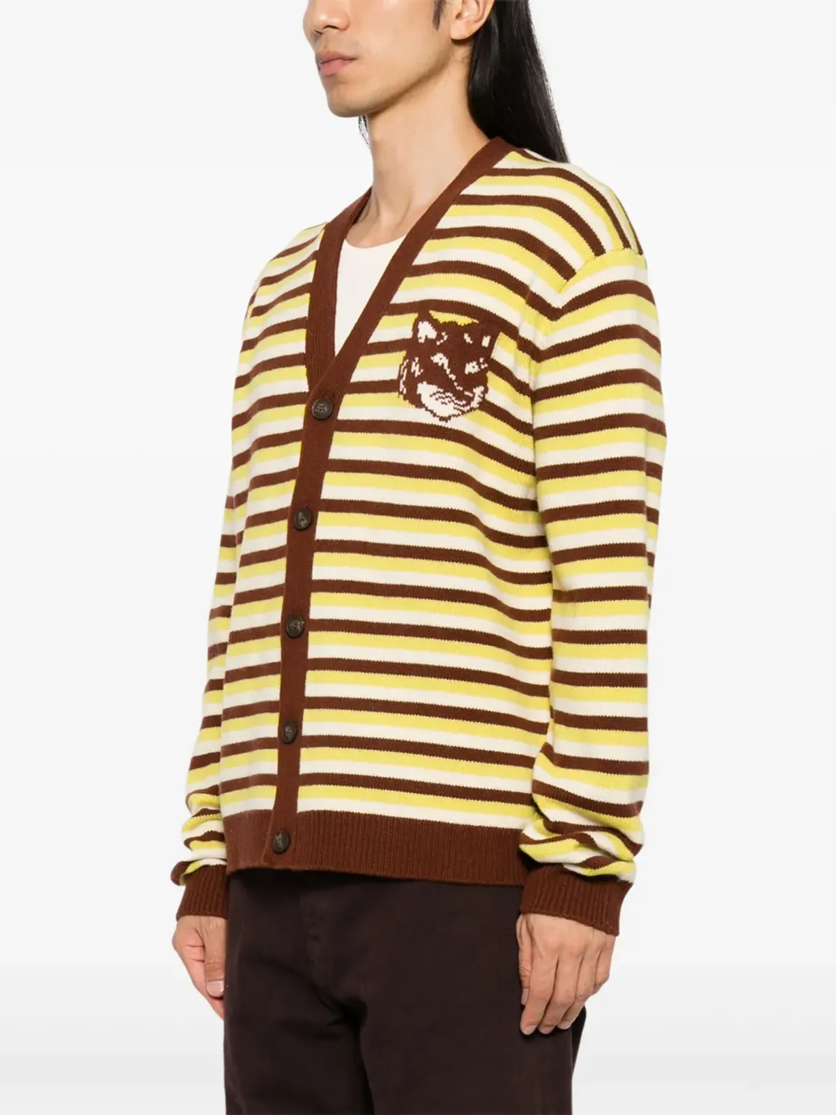 Maison Kitsuné フォックスヘッド インターシャ ストライプ カーディガン - グリーン - 画像3