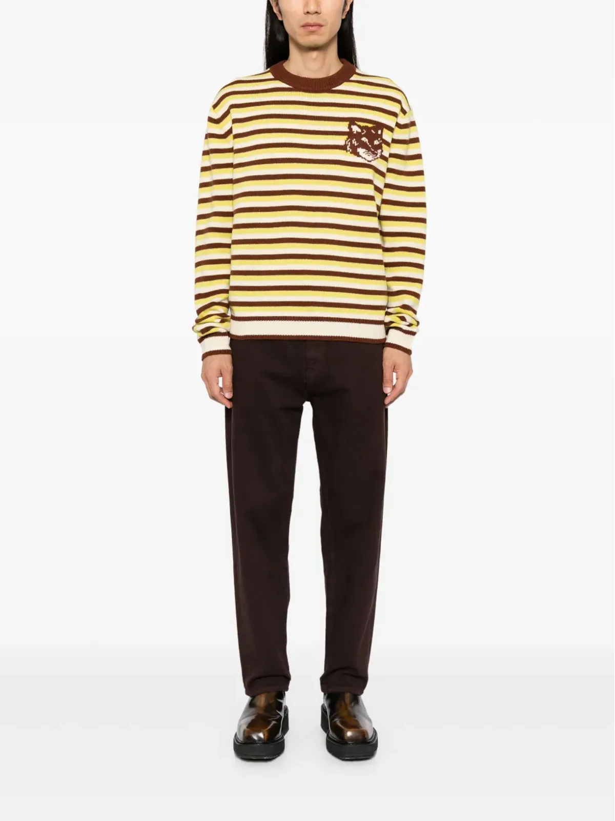 Maison Kitsuné 狐の頭モチーフのインターシャ柄ストライプセーター - 画像2