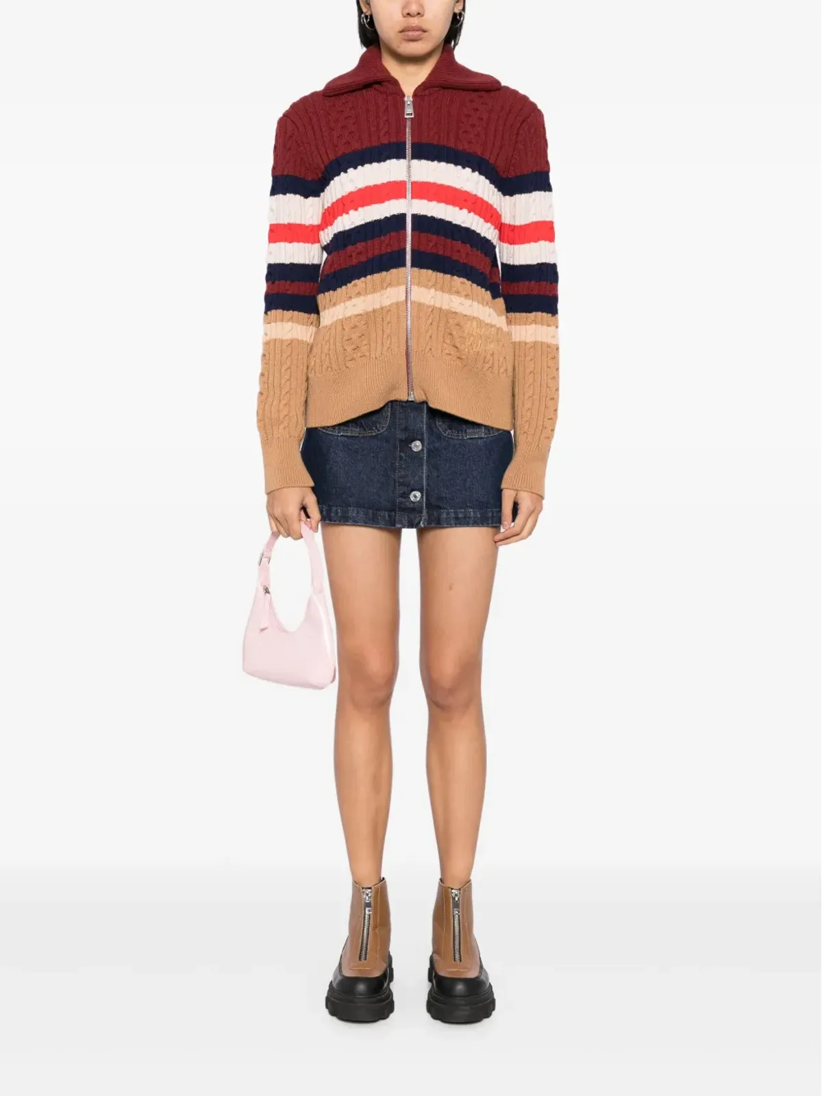Maison Kitsuné ストライプ柄ケーブルジップカーディガン - レッド - 画像2