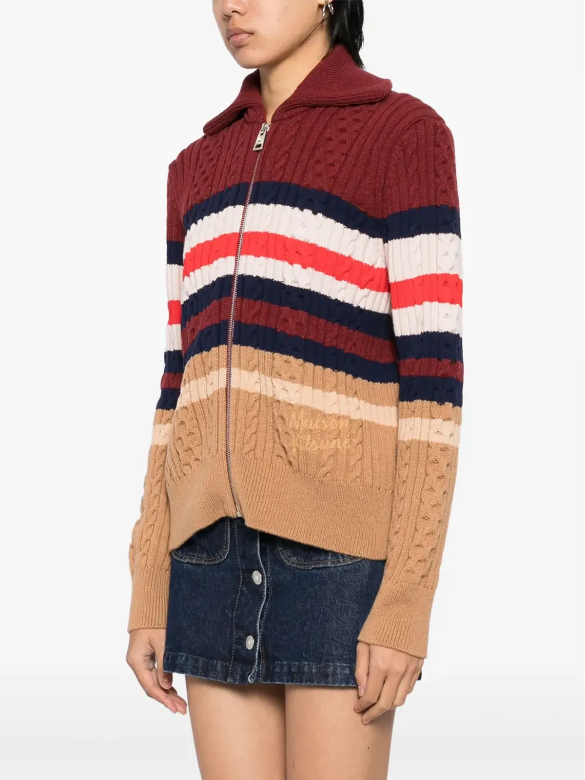 Maison Kitsuné ストライプ柄ケーブルジップカーディガン - レッド - 画像3
