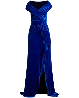 Tadashi Shoji アルヴァレス ベルベット ウォーターフォール ドレープ ガウン ブルー - サムネイル1