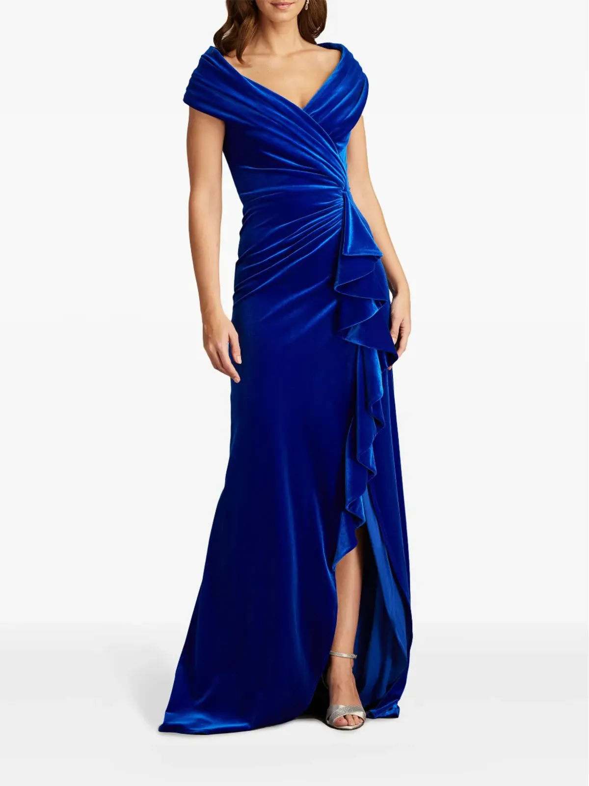 Tadashi Shoji アルヴァレス ベルベット ウォーターフォール ドレープ ガウン ブルー - 画像2
