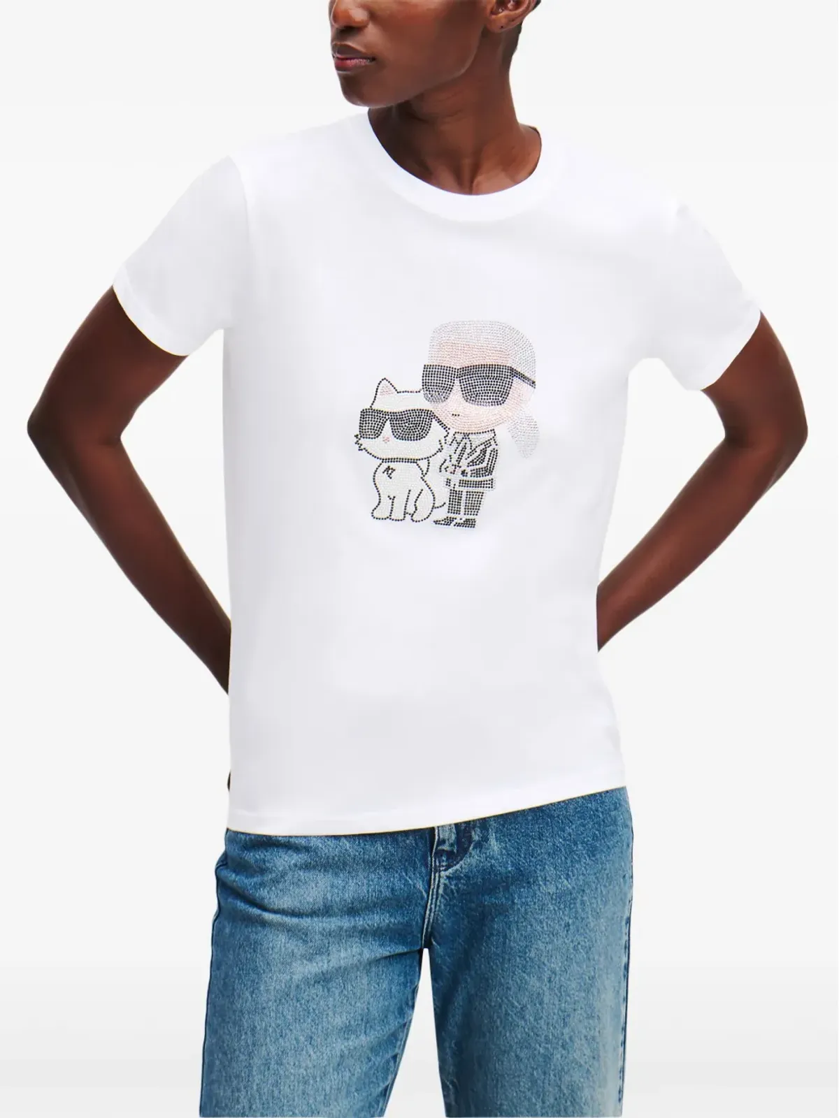 Karl Lagerfeld Ikon Karl and Choupette ラインストーンTシャツ - ホワイト - 画像3