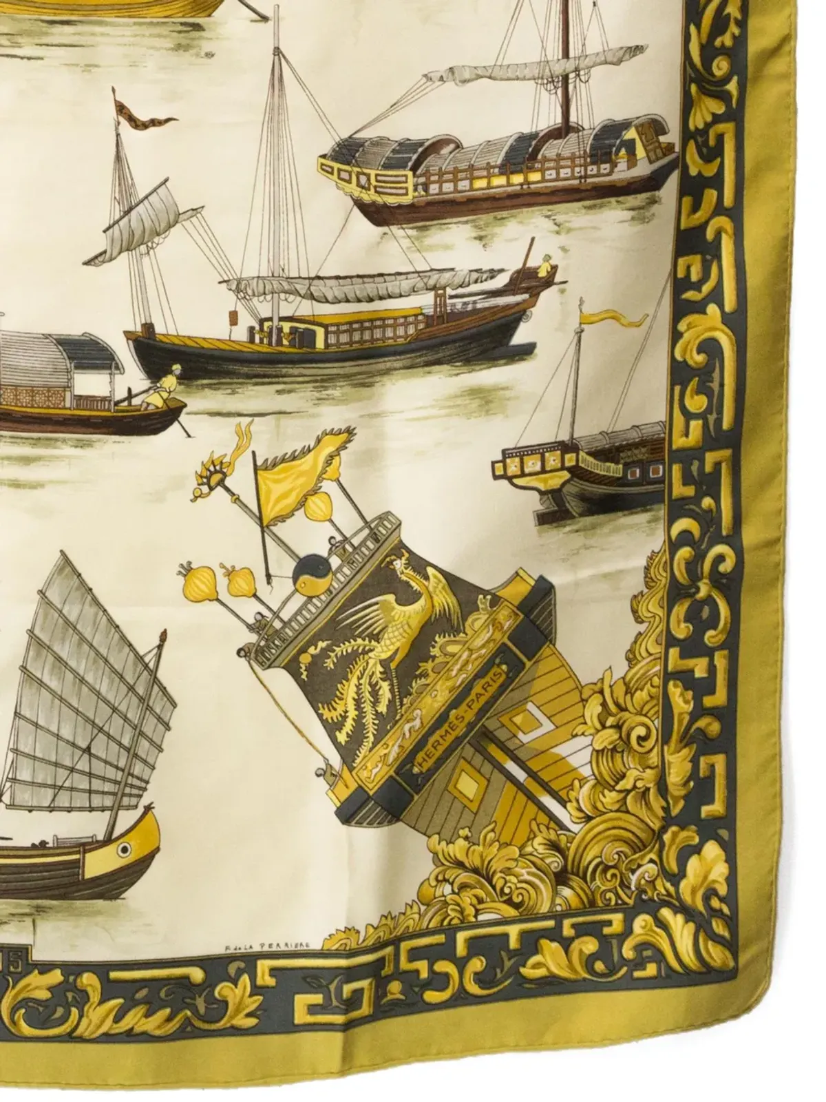 Hermès Pre-Owned 1966 Jonques et Sampans by F. de la Perrière シルクスカーフ - イエロー - 画像5