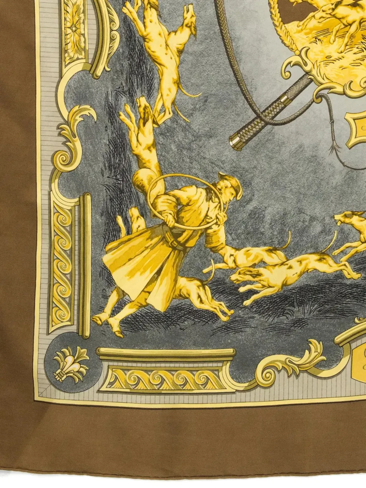 Hermès ビンテージ 1963 Chiens et Valet by Charles J. Hallo シルクスカーフ - ブラウン - 画像4