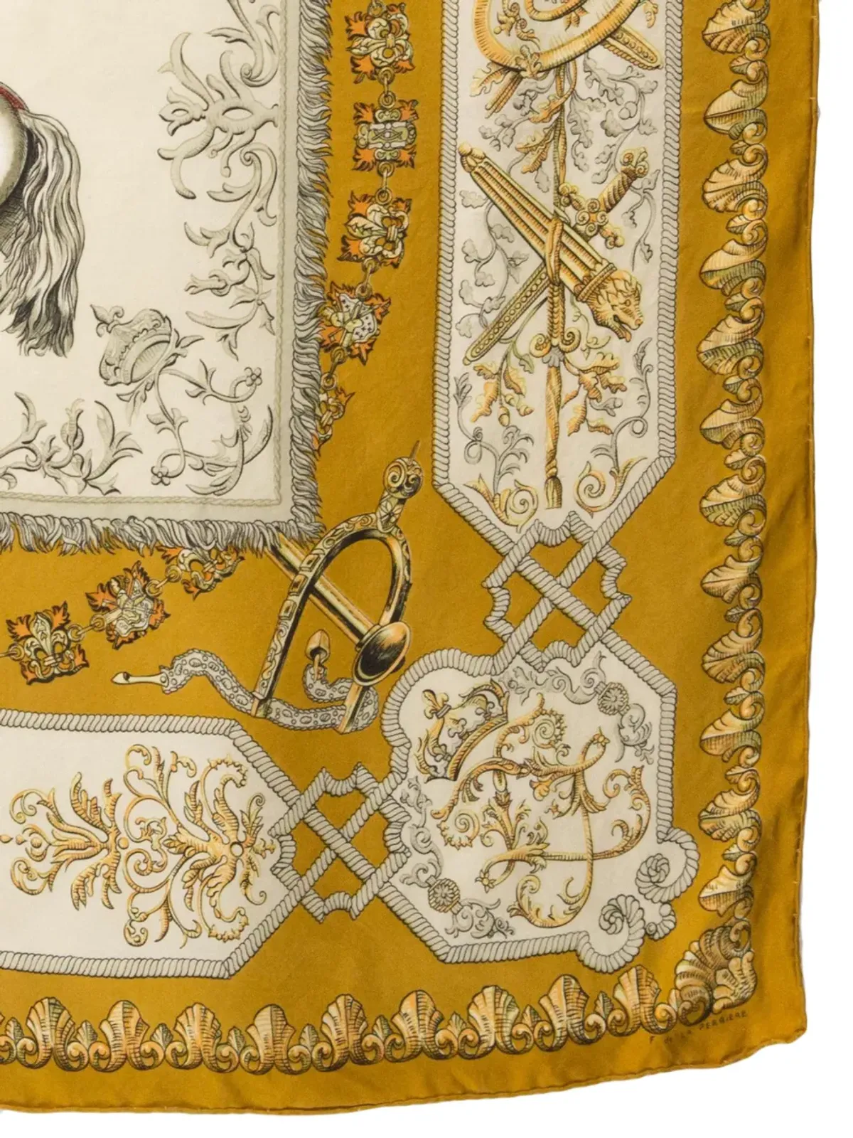 Hermès ビンテージ 1963年 Ludovicus Magnus F.de La Perrièreによる シルクスカーフ 黄色 - 画像4