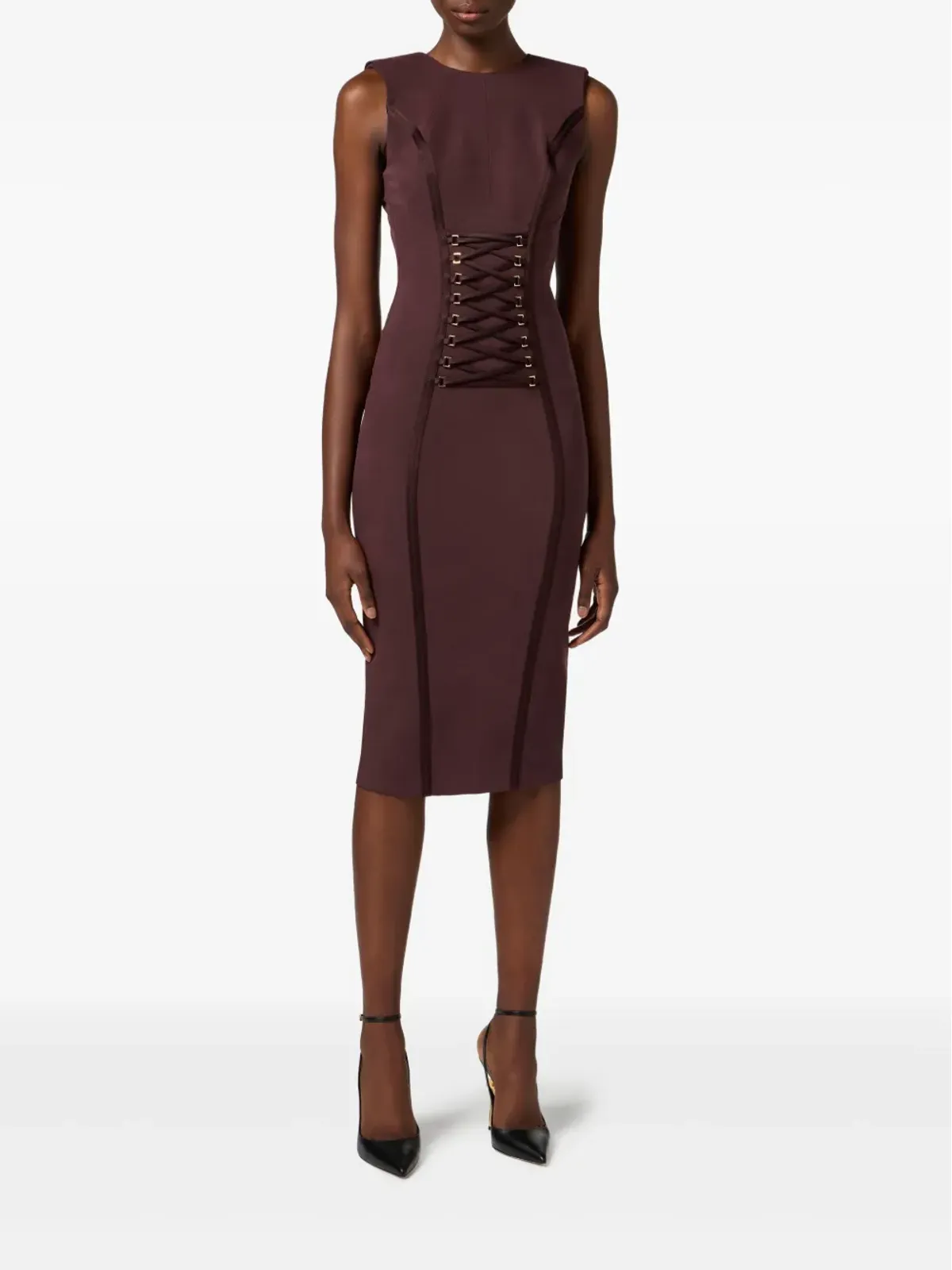 Elisabetta Franchi クロスオーバー レースディテール ミディドレス - ブラウン - 画像2