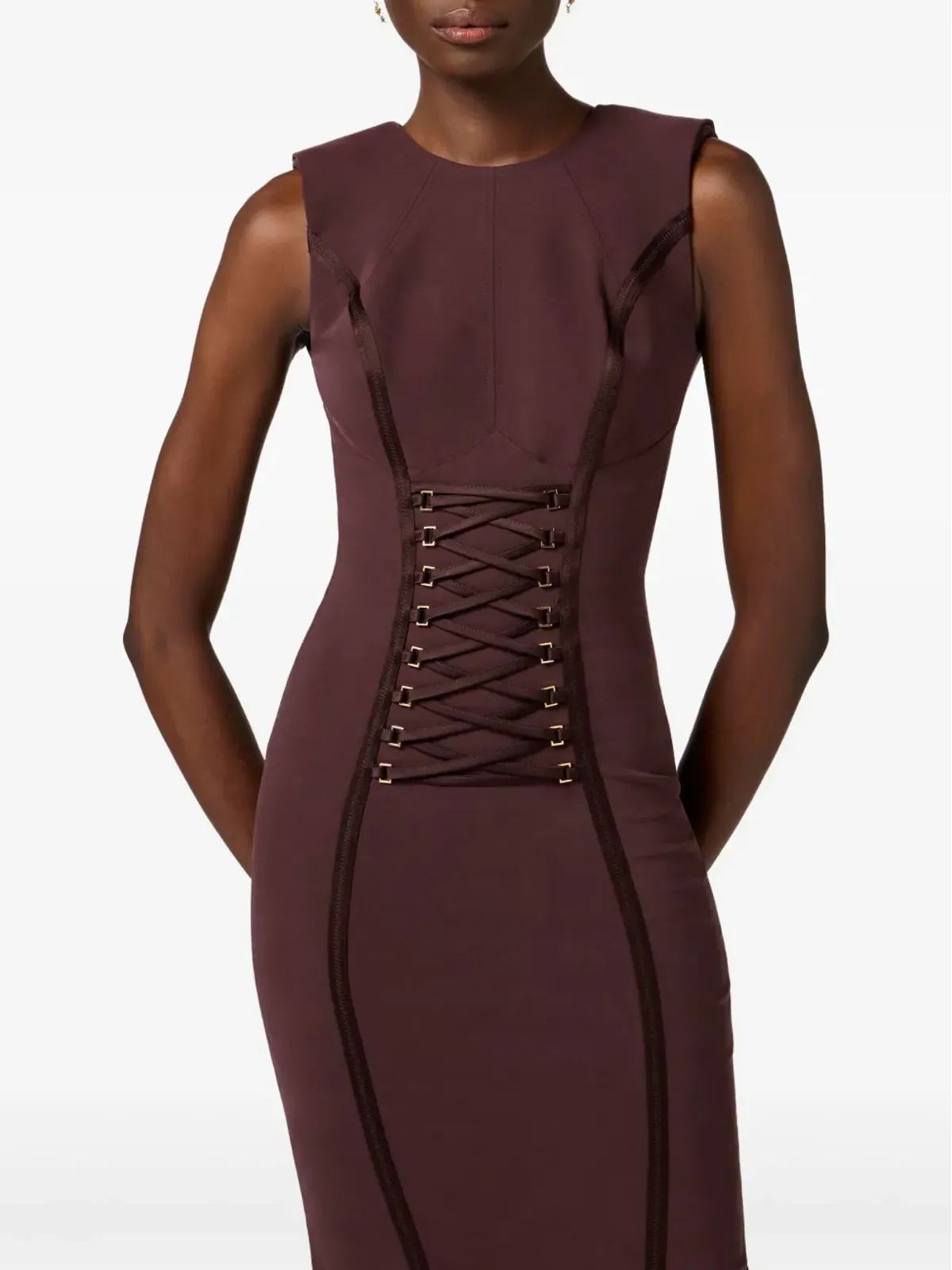 Elisabetta Franchi クロスオーバー レースディテール ミディドレス - ブラウン - 画像4