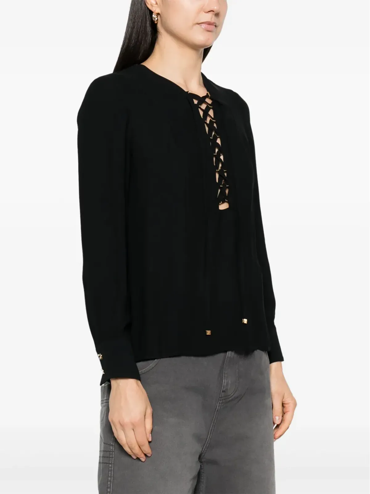Elisabetta Franchi レースアップ ジョーゼット ブラウス - ブラック - 画像3