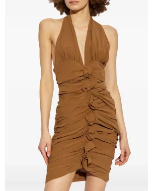 Saint Laurent シャーリング付きホルターネック ミニドレス - ブラウン - サムネイル3