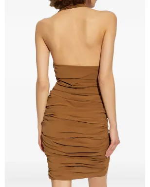 Saint Laurent シャーリング付きホルターネック ミニドレス - ブラウン - サムネイル4