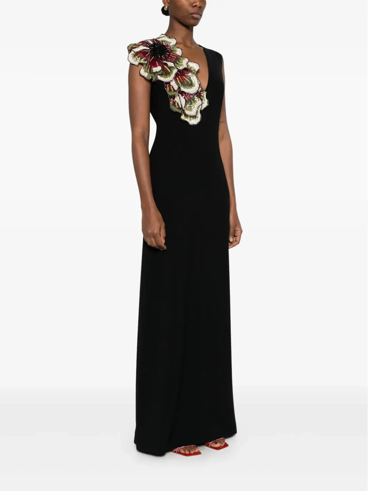 Costarellos クレープ花柄マキシドレス（ブラック） - 画像3