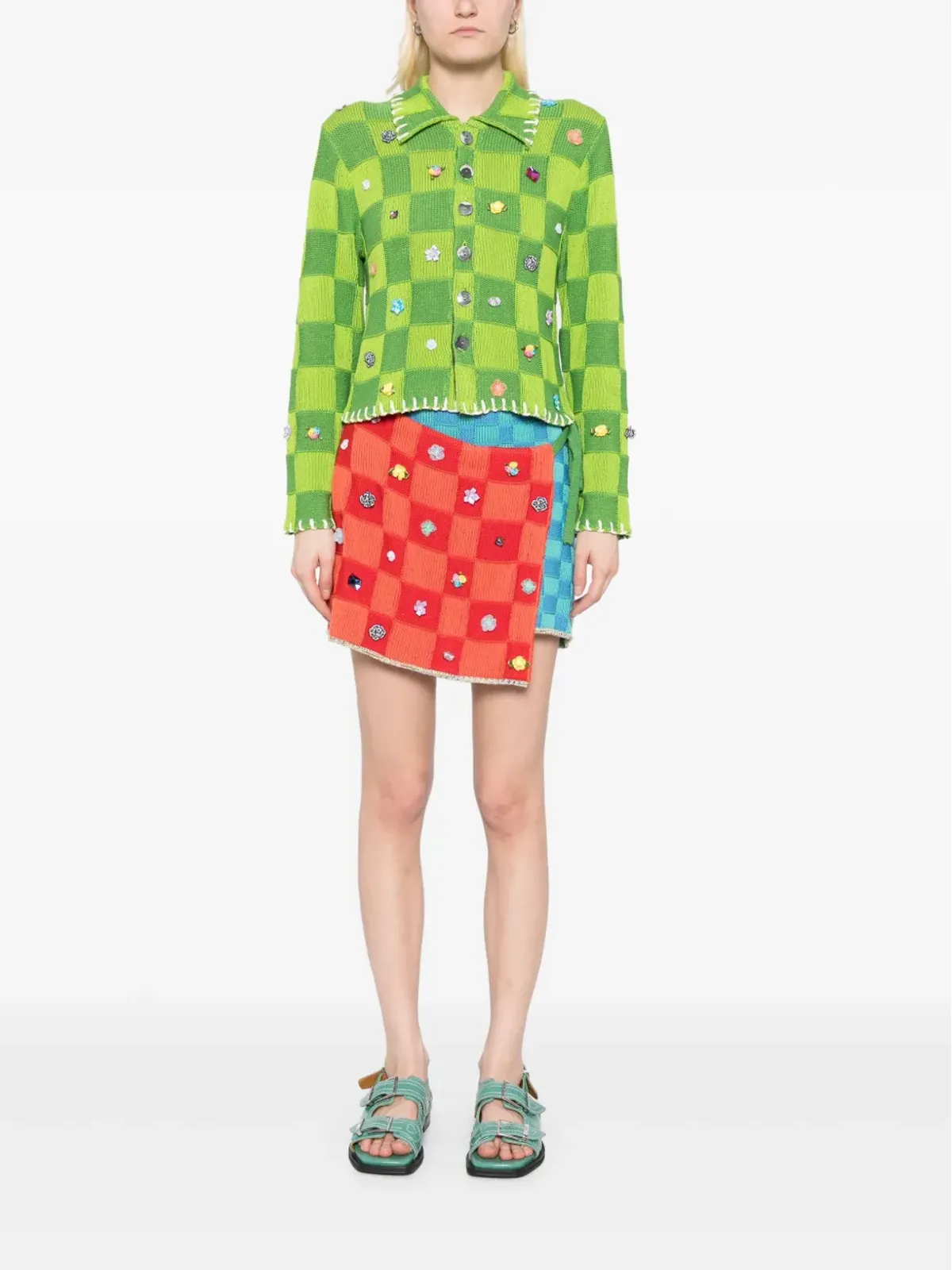 YANYAN KNITS 装飾チェック柄ラップミニスカート - 画像2