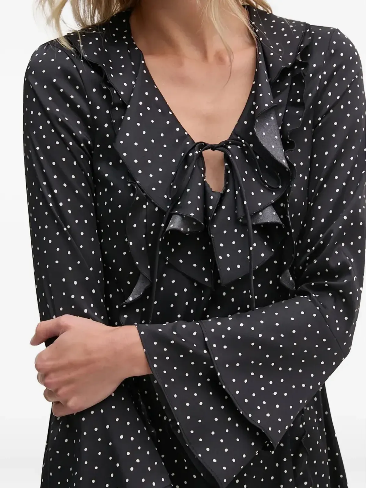 Sisley 黒のフリル付きドット柄ミニドレス - 画像5