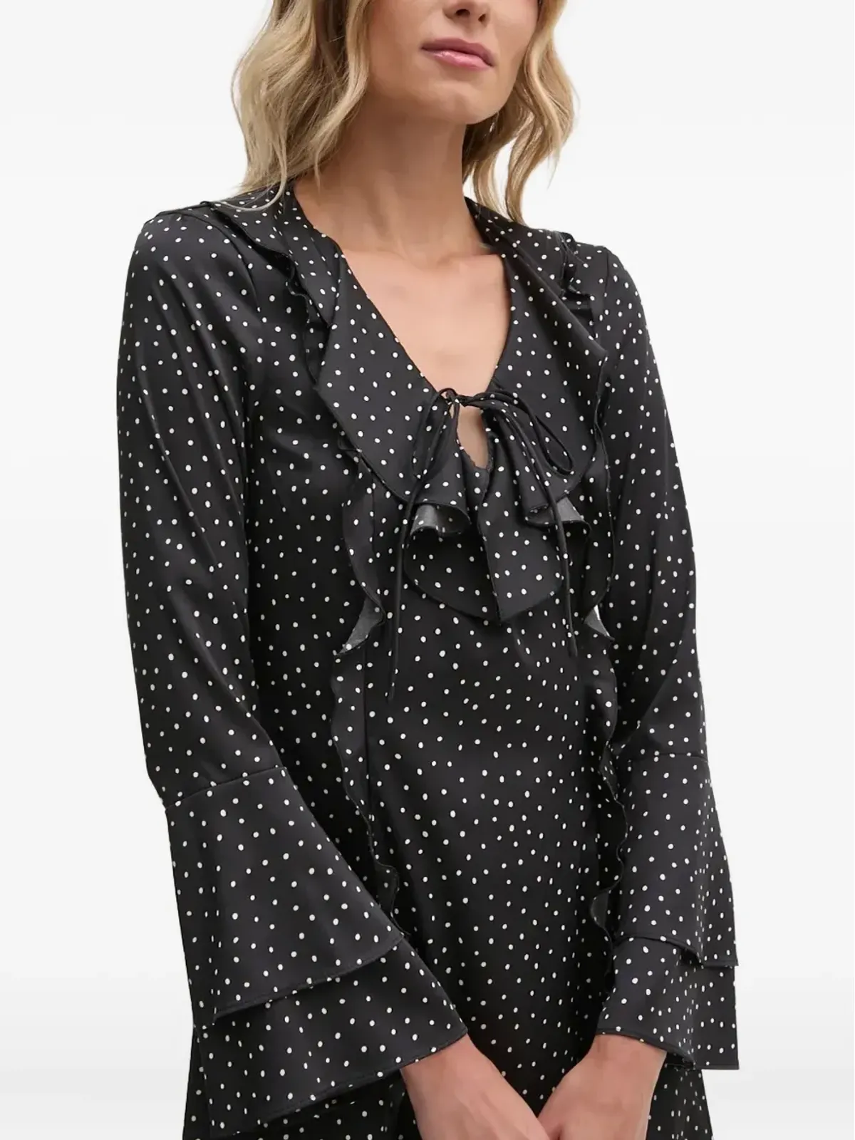Sisley 黒のフリル付きドット柄ミニドレス - 画像3
