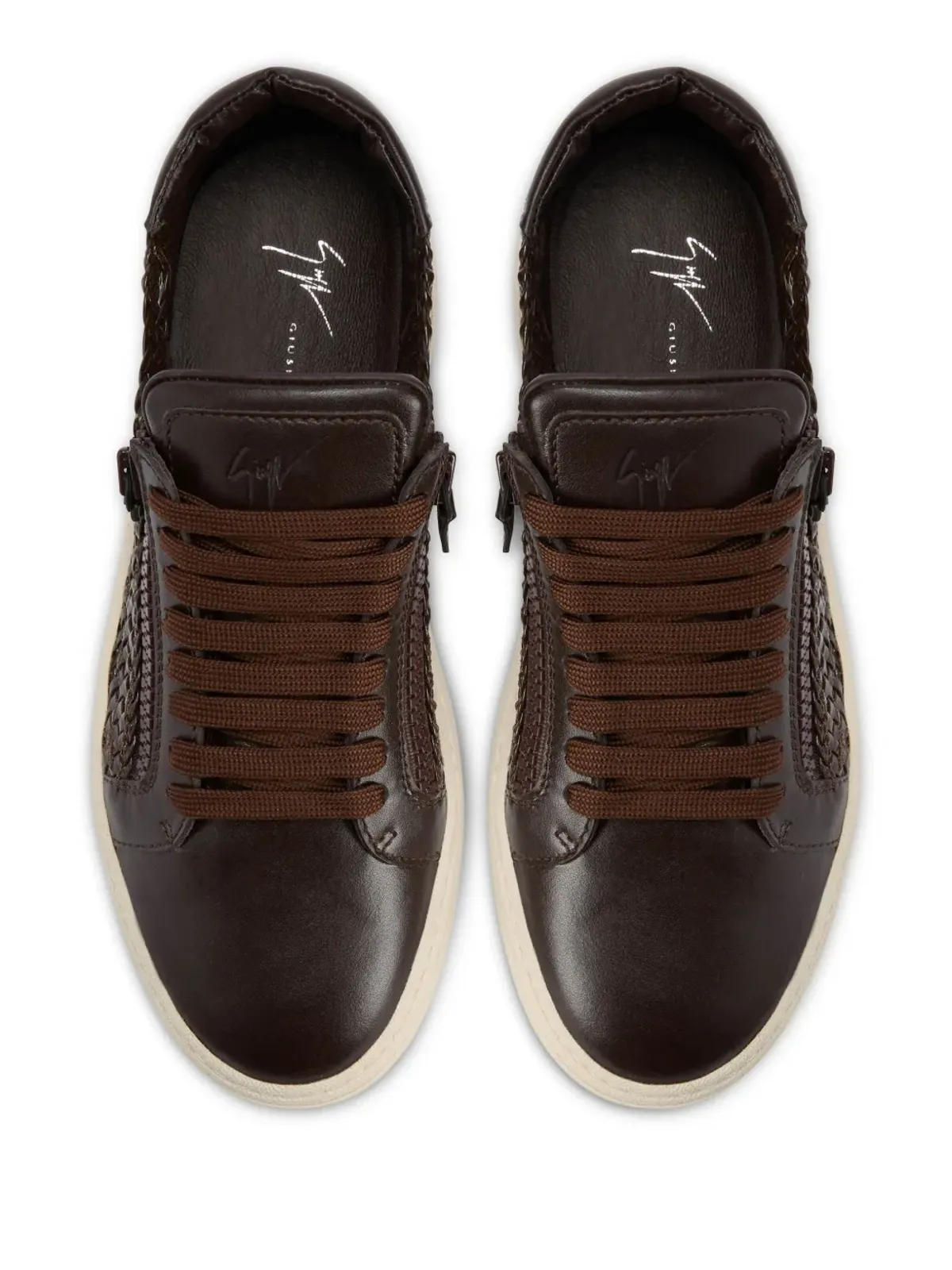 Giuseppe Zanotti GZ94 ダブルジップ ロー・トップ 編み込みスニーカー ブラウン - 画像4