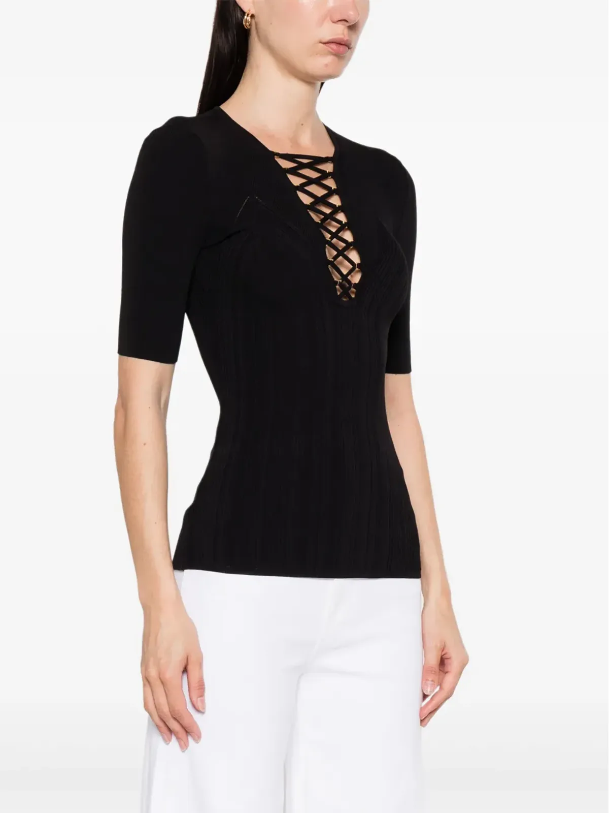 Elisabetta Franchi レースアップTシャツ - ブラック - 画像3