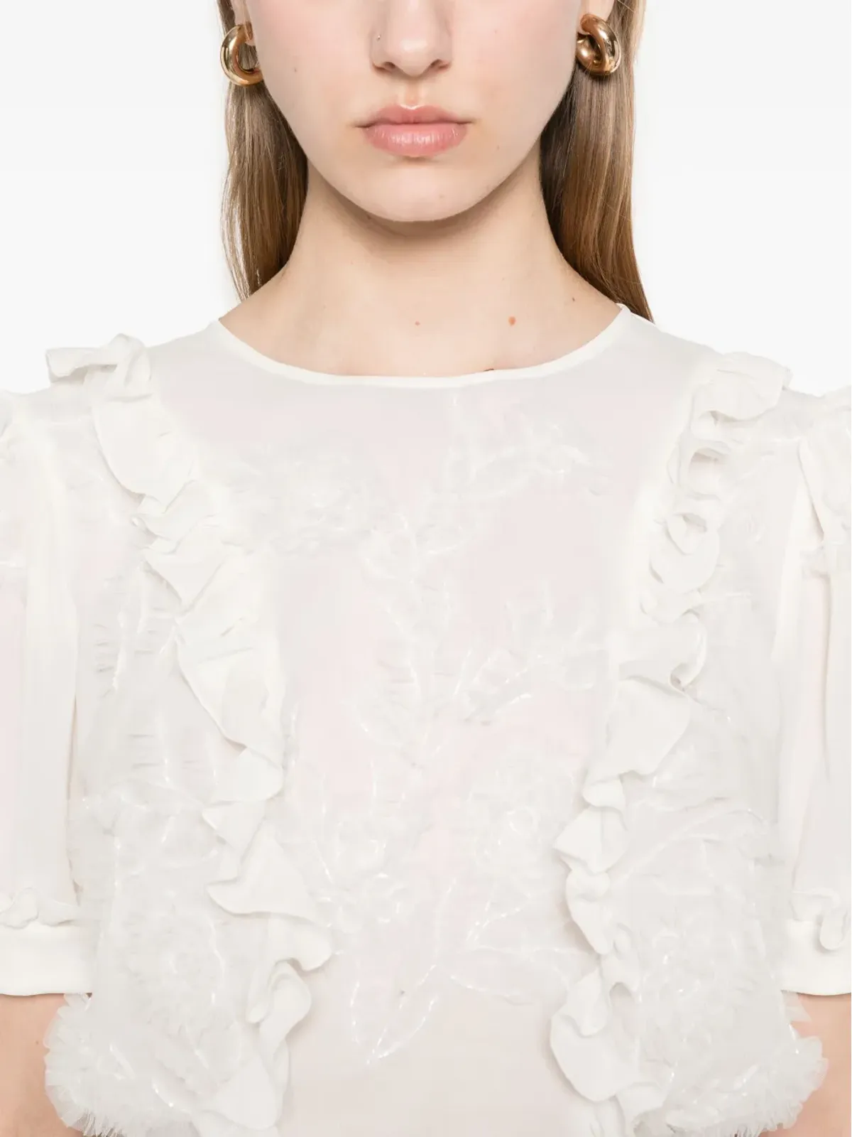 Elisabetta Franchi フリル付き刺繍トップス ホワイト - 画像5