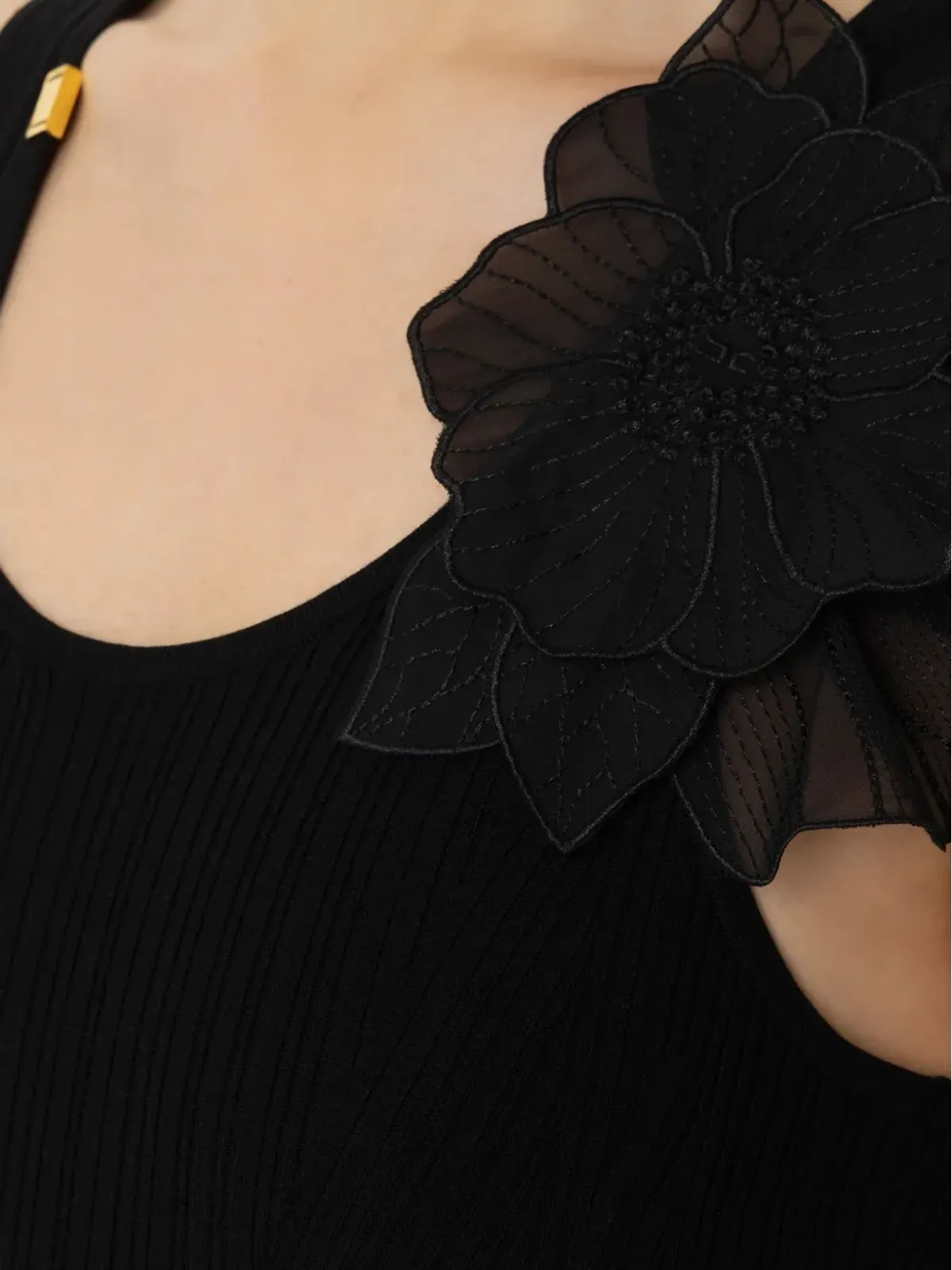 Elisabetta Franchi リブ編み 花モチーフ トップ - ブラック - 画像3