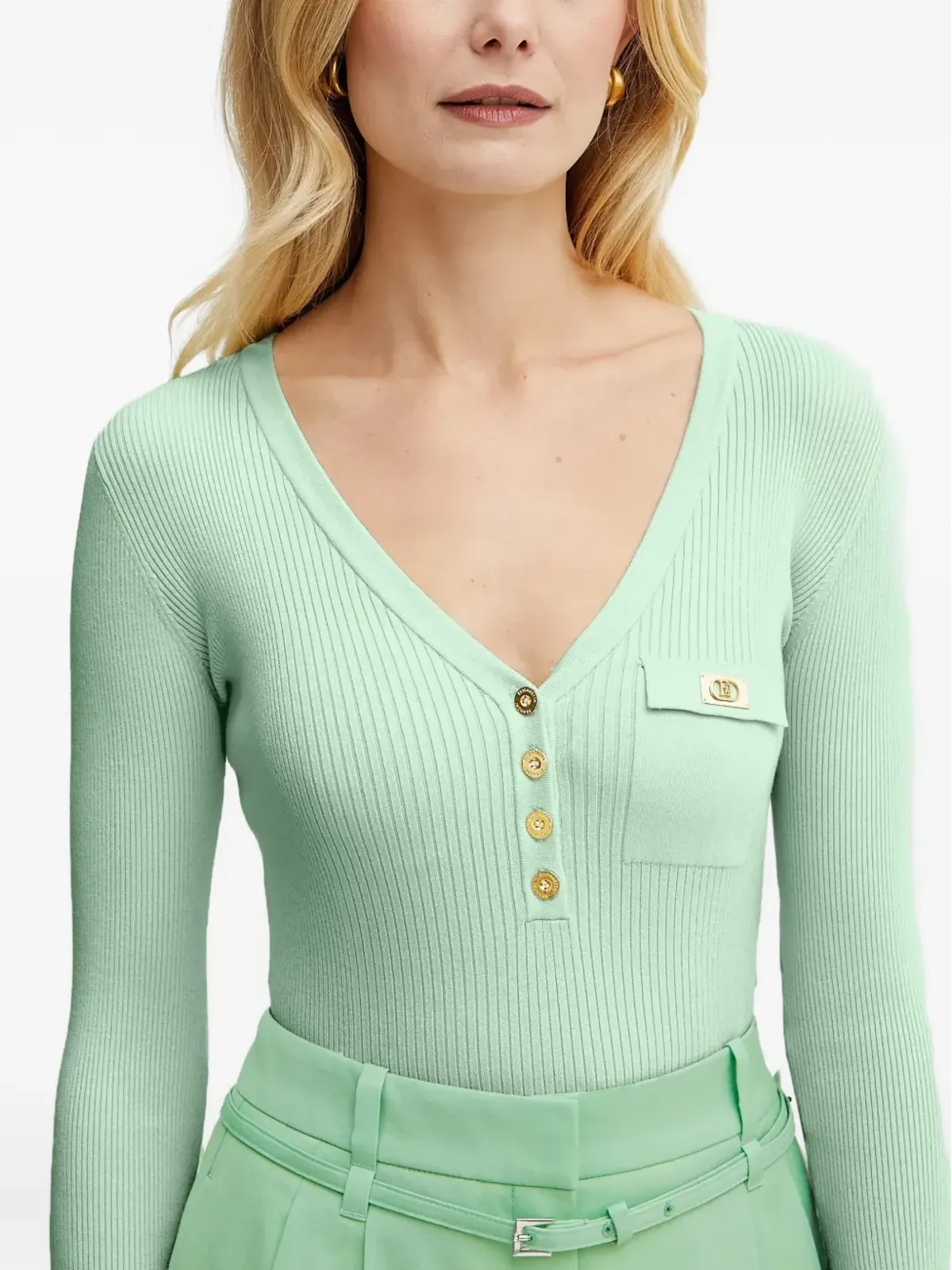 Elisabetta Franchi リブ編みVネックボタン付きセーター - グリーン - 画像4