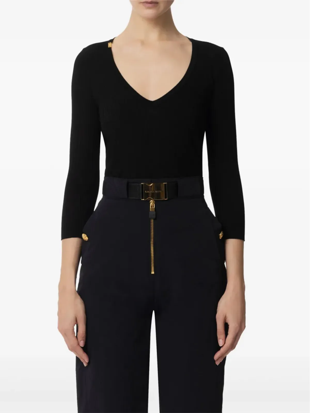 Elisabetta Franchi リブ編み Vネック セーター ブラック - 画像1