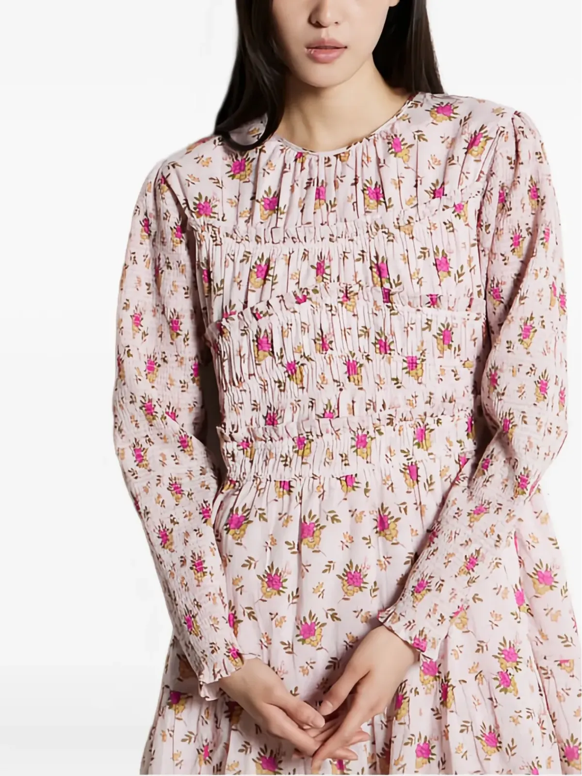 Antik Batik スモック花柄プリントドレス - ピンク - 画像5