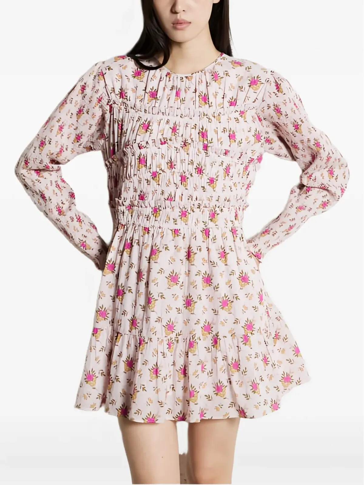 Antik Batik スモック花柄プリントドレス - ピンク - 画像4