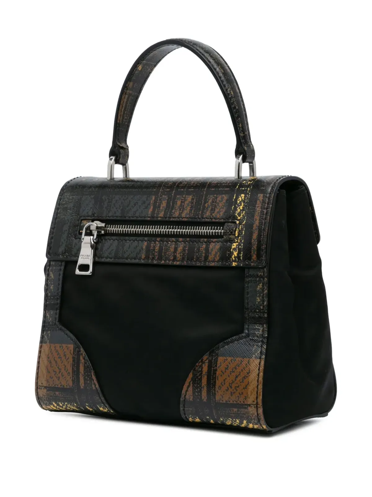 Prada ビンテージ 2010-2024 タータン・サフィアーノ・トリム・テシュート生地 サッチェル ブラック - 画像2