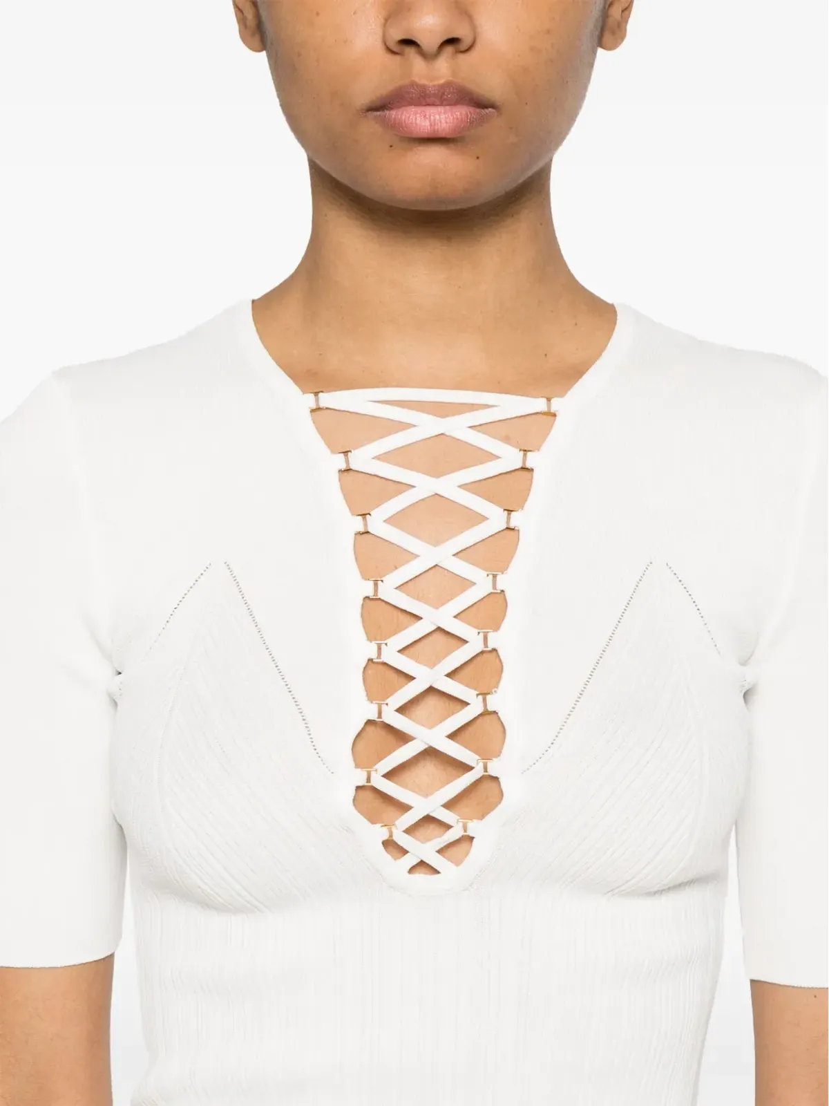 Elisabetta Franchi クロスオーバーレース編みトップス - 画像5