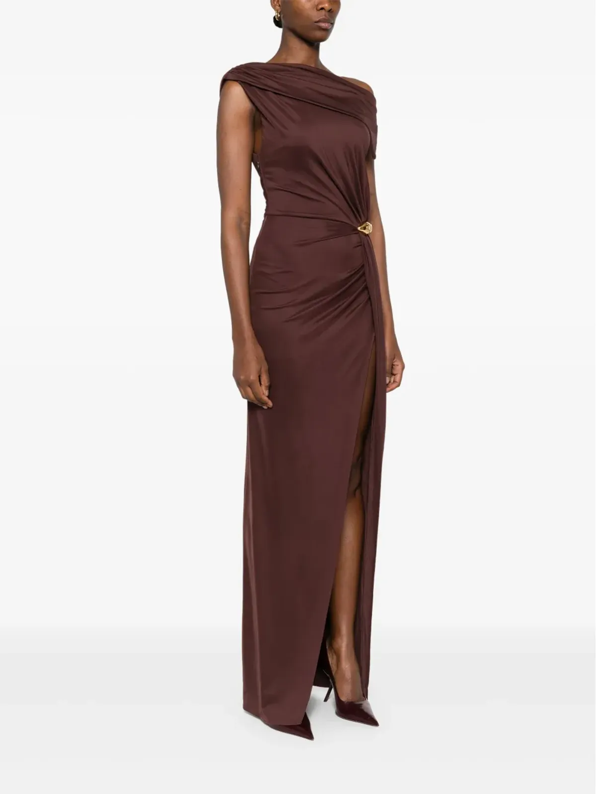 Elisabetta Franchi ジャージー素材のアシンメトリックマキシドレス ブラウン - 画像3