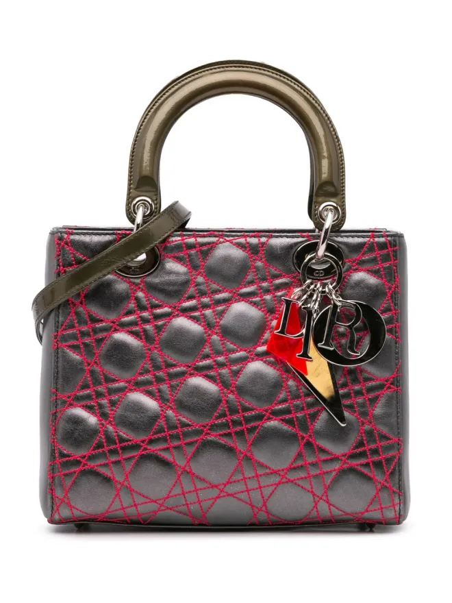 Christian Dior Pre-Owned Christian Dior ビンテージ 2011 Anselm Reyle ミディアムサイズ メタリックラムスキン カナージュ レディ ディオール サッチェル グレーの商品画像