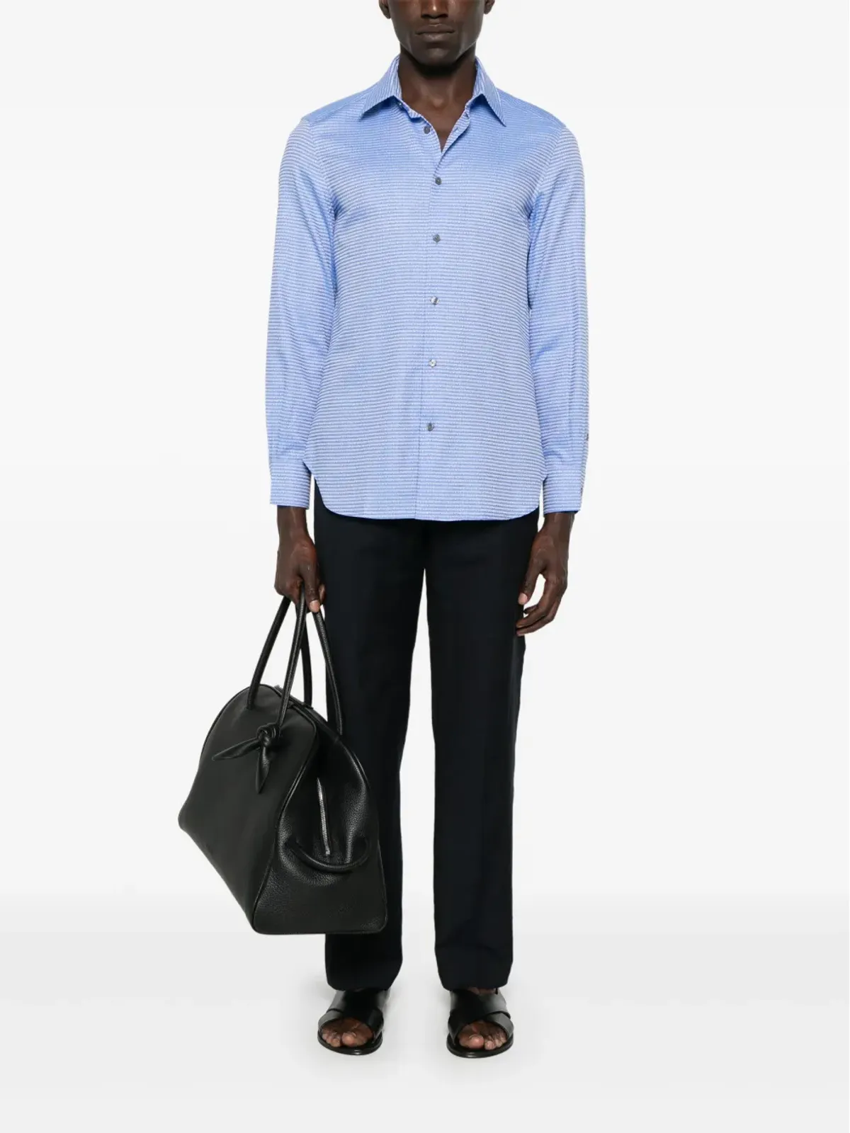 Emporio Armani ジャカードロゴ コットンシャツ ブルー - 画像2